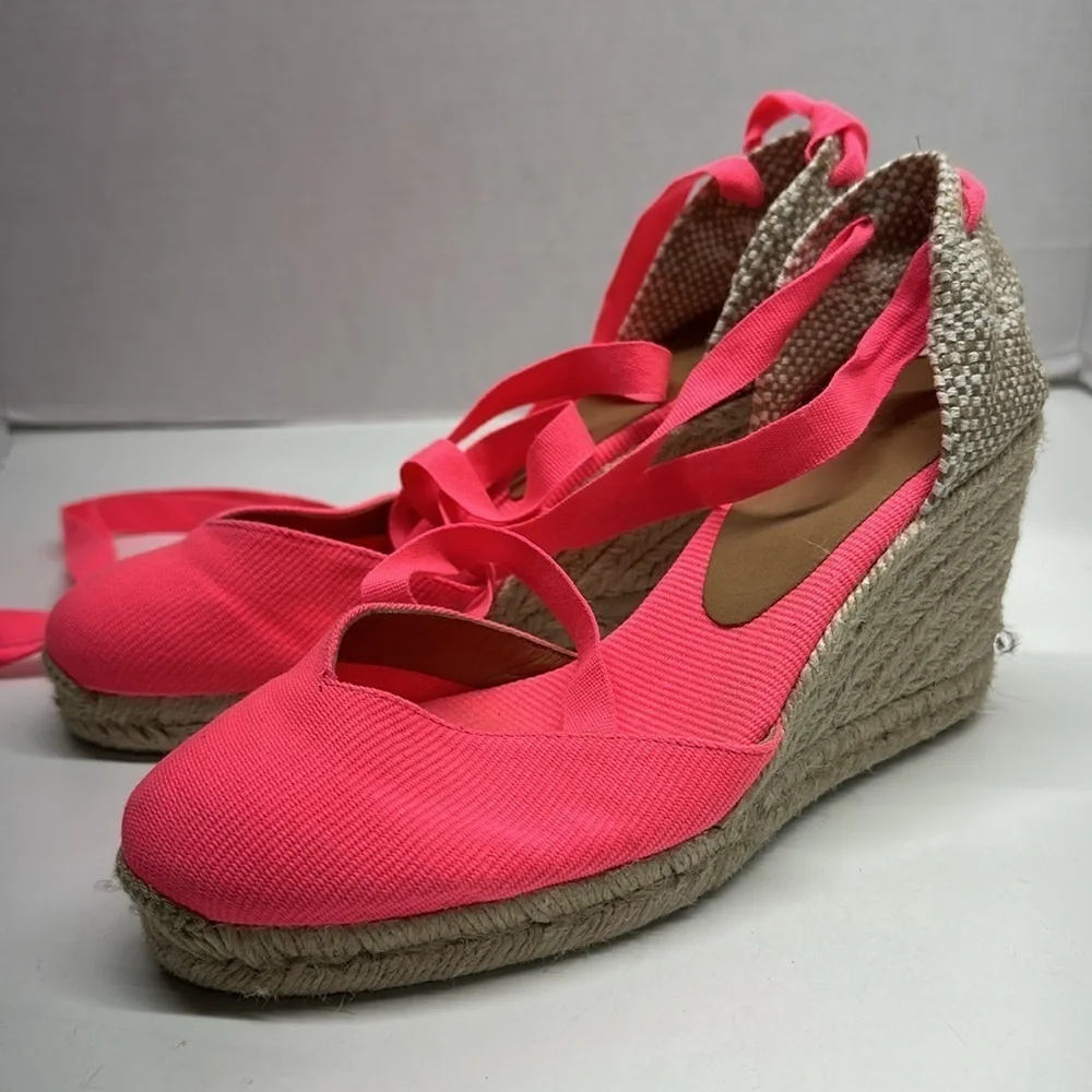 Castaner Espadrilles Wedges Sandals Wrap Around Shoe Lace Up Neon Pink Size US 9